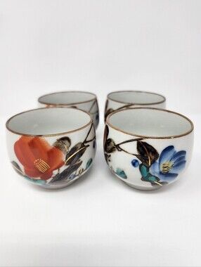 Vintage Hand-Painted Floral Ceramic Tea Cups Set Of 4
